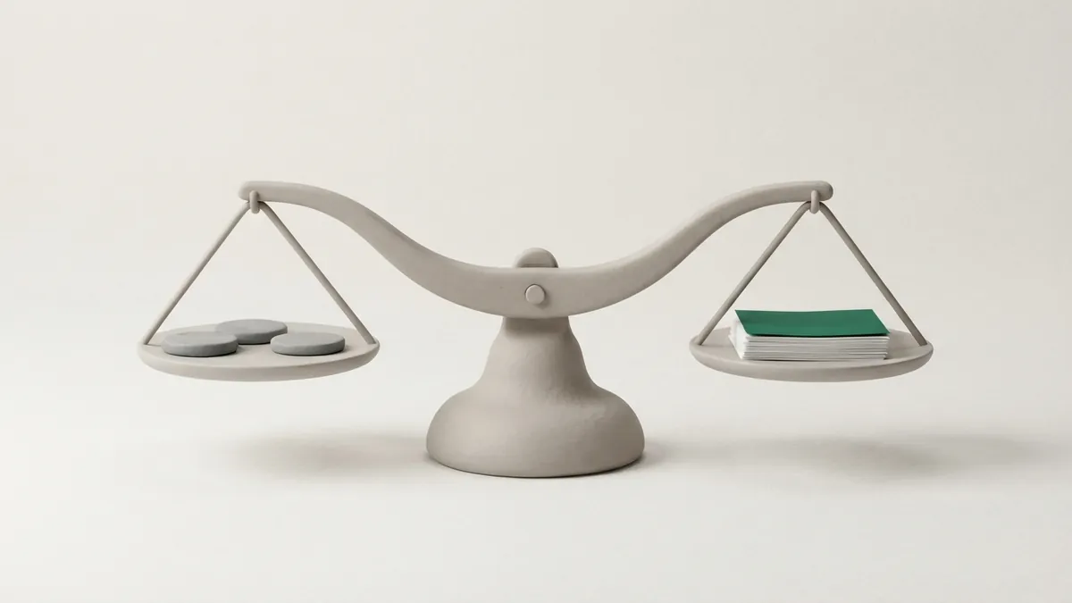 A clay balance scale tipped to the right, three grey discs on the left pan and a stack of paper with a green top sheet on the right