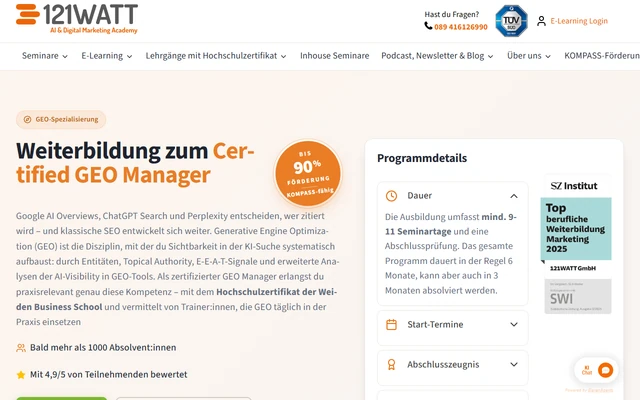 Weiterbildung zum Certified GEO Manager landing page on 121watt.de, captured 19 Sep 2026