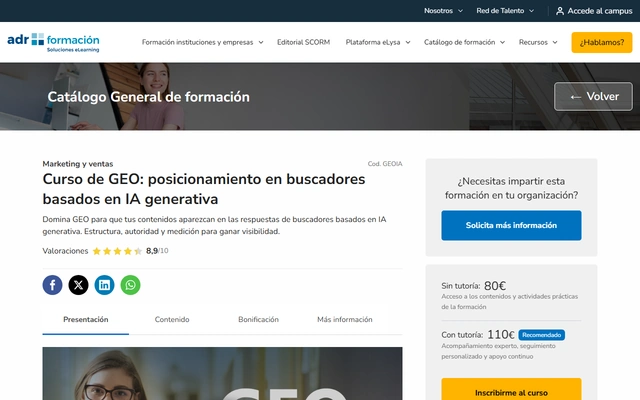 Curso de GEO: posicionamiento en buscadores basados en IA generativa landing page on adrformacion.com, captured 19 Sep 2026
