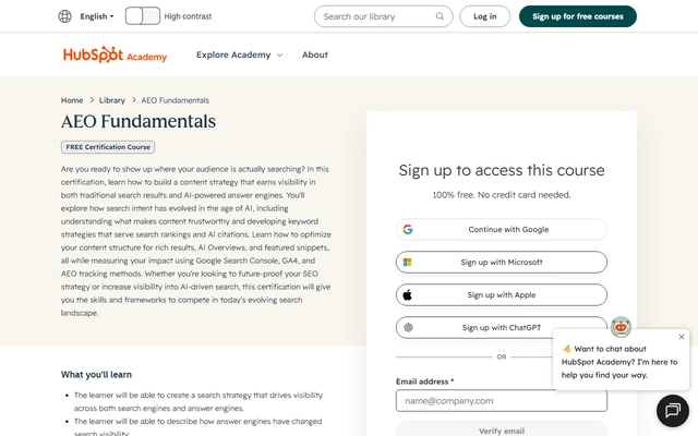 AEO Fundamentals landing page on academy.hubspot.com, captured 19 Sep 2026