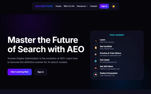 AEO Institute Certification Tracks landing page on aeoinstitute.com, captured 19 Sep 2026