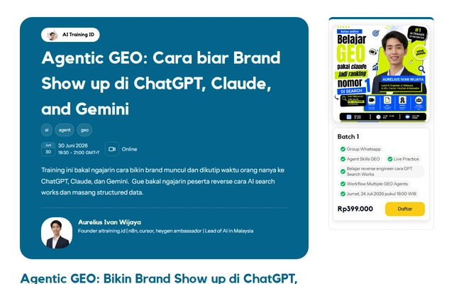 Agentic GEO: Cara Biar Brand Show Up di ChatGPT, Claude, dan Gemini landing page on goakal.com, captured 19 Sep 2026
