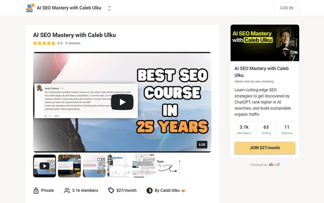AI SEO Mastery landing page on skool.com, captured 19 Sep 2026
