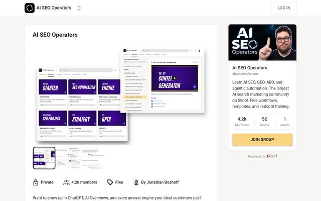 AI SEO Operators landing page on skool.com, captured 19 Sep 2026