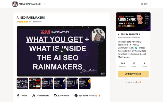 AI SEO Rainmakers landing page on skool.com, captured 19 Sep 2026