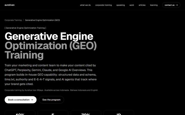 Generative Engine Optimization (GEO) Training landing page on aurelivan.com, captured 19 Sep 2026