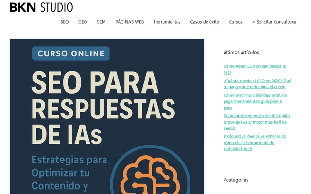 Curso GEO 2026: Posiciónate en ChatGPT, Claude y Gemini landing page on bikain.studio, captured 19 Sep 2026