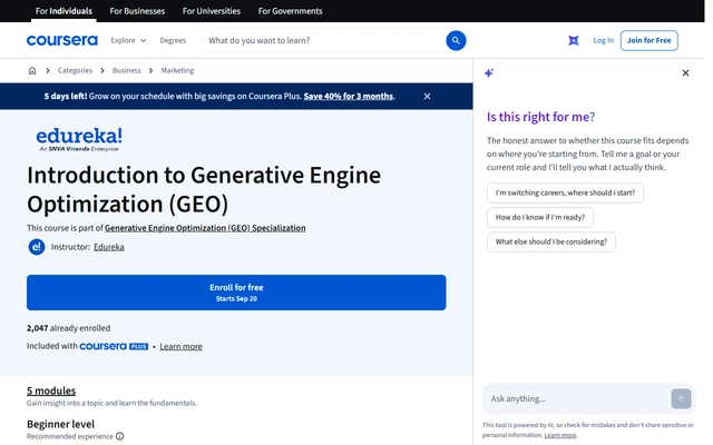 Introduction to Generative Engine Optimization (GEO) landing page on coursera.org, captured 19 Sep 2026
