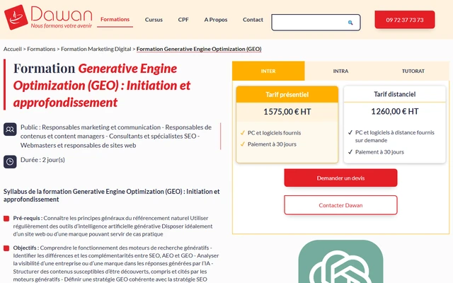 Generative Engine Optimization (GEO): Initiation et approfondissement landing page on dawan.fr, captured 19 Sep 2026