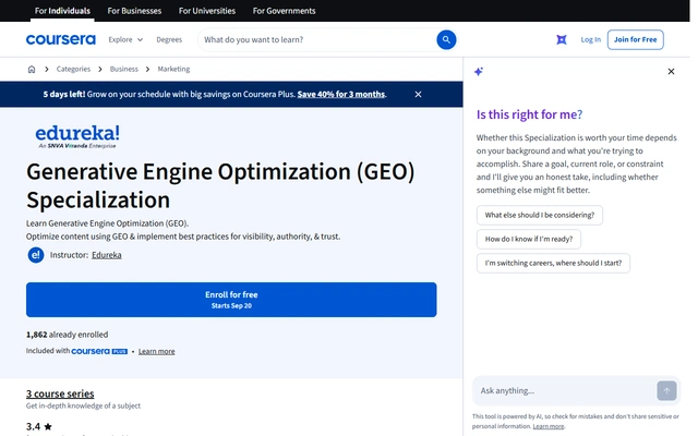 Generative Engine Optimization (GEO) Specialization landing page on coursera.org, captured 19 Sep 2026