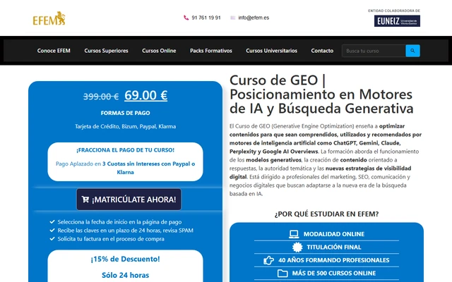 Curso de GEO: Posicionamiento en Motores de IA landing page on efem.es, captured 19 Sep 2026