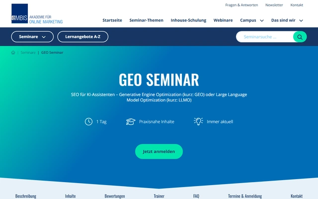 GEO Seminar: AI Overviews, Perplexity & Co. landing page on embis.de, captured 19 Sep 2026