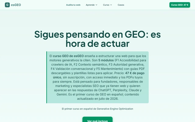 Curso GEO 2026 landing page on esgeo.ai, captured 19 Sep 2026