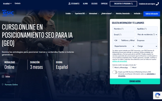Curso Especializado Online en SEO para IA (GEO) landing page on esic.edu, captured 19 Sep 2026