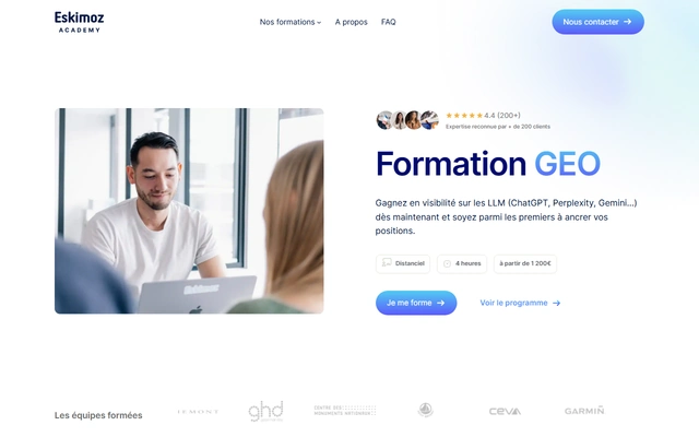 Formation GEO: Generative Engine Optimization landing page on academy.eskimoz.fr, captured 19 Sep 2026