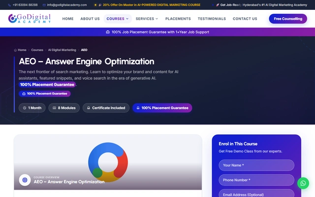 AEO – Answer Engine Optimization landing page on godigitalacademy.com, captured 19 Sep 2026