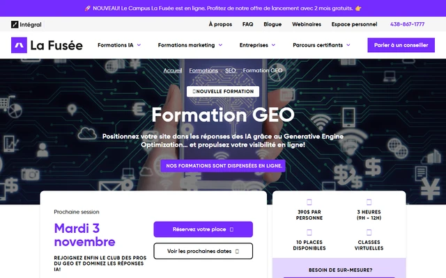 Formation GEO: SEO pour l'IA landing page on lafusee.net, captured 19 Sep 2026