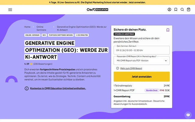 Generative Engine Optimization (GEO): Werde zur KI-Antwort landing page on education.omr.com, captured 19 Sep 2026