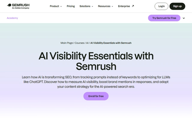 AI Visibility Essentials with Semrush landing page on semrush.com, captured 19 Sep 2026
