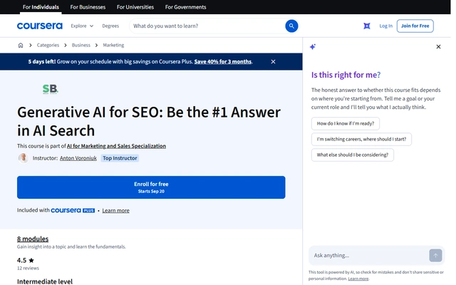 Generative AI for SEO: Be the #1 Answer in AI Search landing page on coursera.org, captured 19 Sep 2026