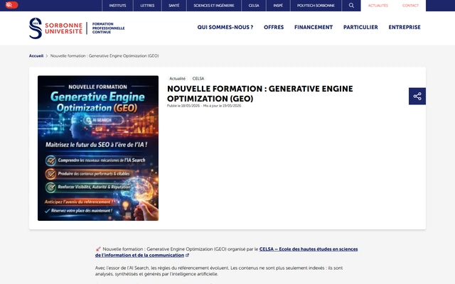 Formation Generative Engine Optimization (GEO) landing page on fc.sorbonne-universite.fr, captured 19 Sep 2026