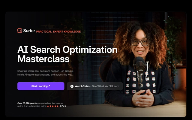 AI Search Optimization Masterclass landing page on surferseo.com, captured 19 Sep 2026