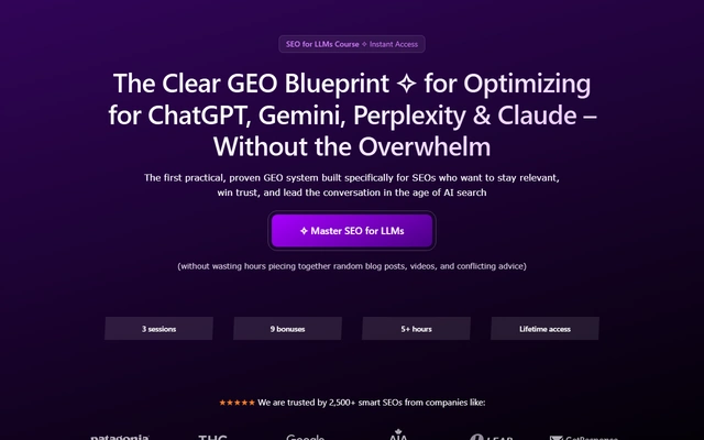 SEO for LLMs Course: Proven GEO Strategies to Optimize for AI Search landing page on techseo.pro, captured 19 Sep 2026