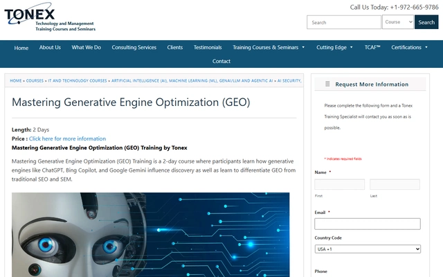 Mastering Generative Engine Optimization (GEO) landing page on tonex.com, captured 19 Sep 2026