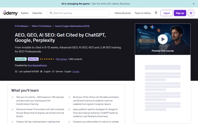 AEO, GEO, AI SEO: Get Cited by ChatGPT, Google, Perplexity landing page on udemy.com, captured 19 Sep 2026