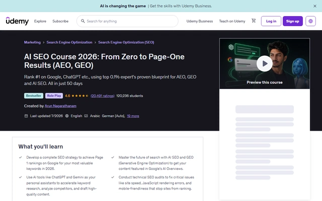 AI SEO Course 2026: From Zero to Page-One Results (AEO, GEO) landing page on udemy.com, captured 19 Sep 2026